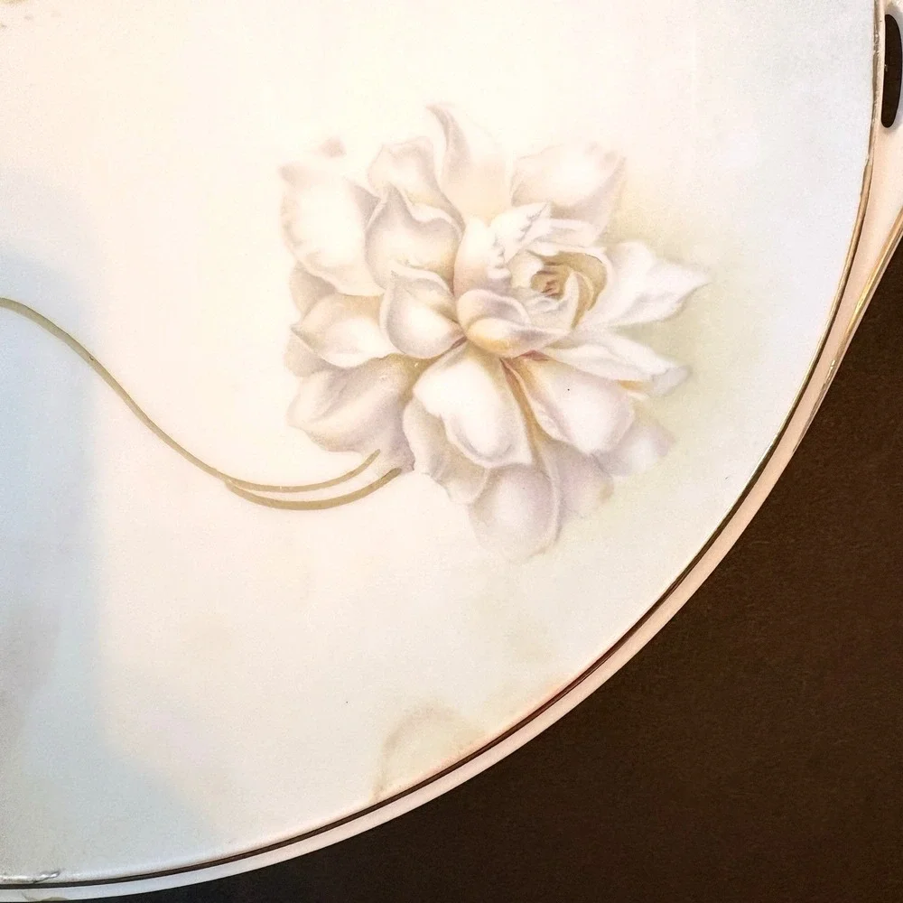 Antique RS Germany Floral Cake Plate‎ Gold Trim Handles Luster Finish